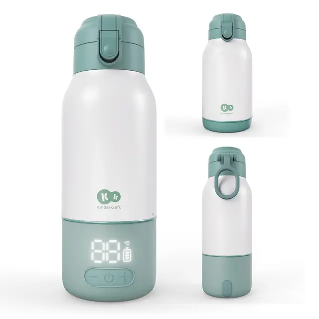 Kinderkraft GAJA Chauffe-Biberon Portable 2 en 1 avec Bouteille Isotherme 500 ml, 5 Températures, Chauffe en 120 sec, Batterie Amovible, USB-C, 10 Cycles, Vert