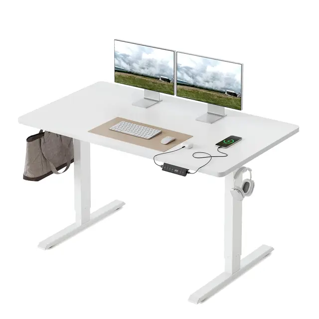 FEZIBO Bureau réglable en Hauteur, Plateau Monobloc, 120 x 60 cm, Bureau Assis Debout avec Ports de Charge USB-A et USB-C, Standing Desk, Blanc