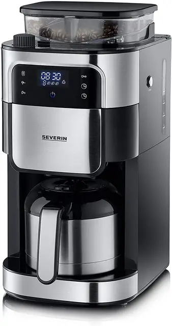SEVERIN Cafetière avec broyeur intégré 1 000 W, Machine à café programmable avec minuteur, Cafetière filtre avec verseuse isotherme d'une contenance de 8 tasses, Noir/Inox, KA 4814