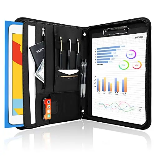 ProCase Portfolio A4 en Simili Cuir, Porte Documents avec Papiers Écrit, Porte Bloc-notes pour Record de Réunion/RDV Affaires, Portefeuille A4 Zippée, Légère Durable -Noir