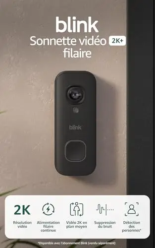 Blink Sonnette vidéo 2K+ filaire (nouvelle génération) | Alimentation raccordée | Audio amélioré | IP65 Résistant aux intempéries | Essai de 30 jours à l'abonnement Blink inclus | Noir