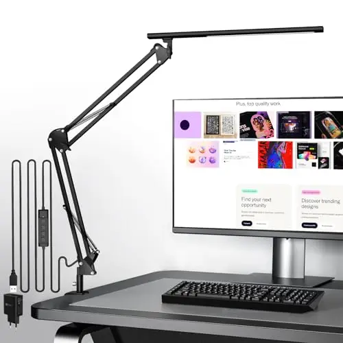 VERSKI Lampe de bureau LED, lampe de bureau pour la maison, le bureau, protection des yeux, lampe de lumière du jour, 5 températures de couleur et luminosité réglables, Avec adaptateur QC 3.0, 12 W