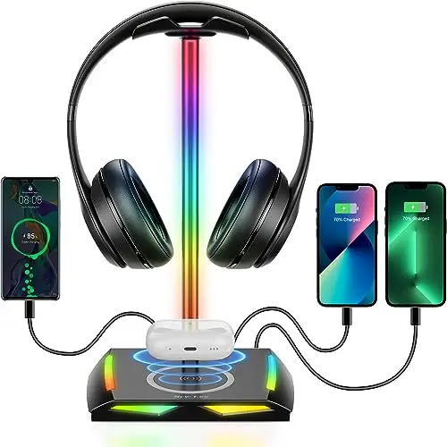 New Bee Support Casque et Chargeur sans Fil, Porte Casque RGB Support Casque Gamer Wireless Charge avec 2*Type-C 1*USB Casque Stand Transmission de Données Casque Support Casque de Gaming PC Noir