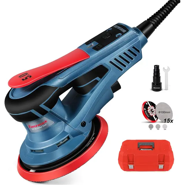 FANZWORK Ponceuse Excentrique 150 mm, Ponceuse Orbitale avec une Course Abrasive de 5 mm, Moteur EC sans Balais de 350 W, 7 Vitesses jusqu'à 10 000 tr/min, 15 Disques Abrasifs, avec Mallette