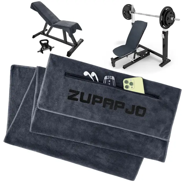 Serviette Sport 120 x 50 cm, Serviette de Sport avec Poche Zippée et Capuche, Microfibre, pour Salle, Yoga, Fitness, Extérieur et Entraînement, Grise