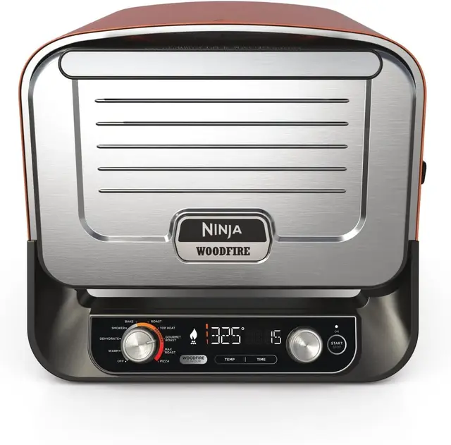 Ninja Woodfire Four à pizza extérieur électrique 8-en-1, rotissoire & fumoir barbecue avec grille, plaque pro-heat, pierre à pizza, granulés de bois et pelle, 6 réglages, orange foncé OO101EU