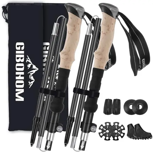 GIBOHOM Bâtons de Randonnée en Aluminium 2 PCS, Baton de Marche Nordique Pliable Télescopique Antichoc Antidérapant 105-125 CM, Baton de Randonnée avec 4 Paires de Tampons Caoutchouc pour Trekking