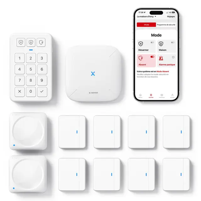 X-Sense Kit de Sécurité pour la Maison, Alarme sans Fil Compatible avec Alexa et Application pour Alertes en Temps Réel, Station de Base, Capteurs de Porte, Détecteurs de Mouvement, Clavier, AS12