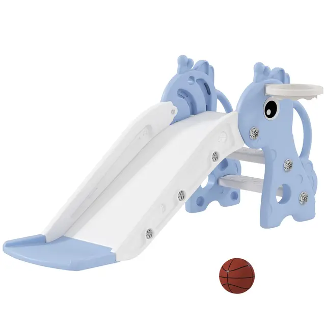 AIYAPLAY Toboggan pour Enfants 3 en 1 en Forme de Girafe avec Panier de Basket, Escalade et Ballon, Toboggan intérieur pour Enfants de 1 à 3 Ans, 106 x 51,5 x 52 cm, Bleu