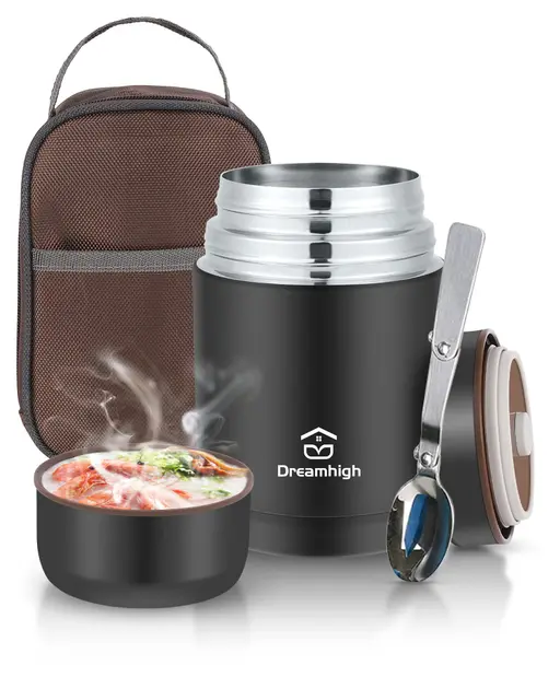 Dreamhigh® Boîte Alimentaire Isotherme 800ml avec Sac à Lunch, Thermo Isolant Contenant avec Cuillère, Thermos Alimentaire Chaud sans BPA, pour Ecole, Bureau, Camping (Noir)