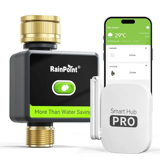RAINPOINT Programmateur Arrosage WiFi, Entrée et Sortie en Laiton, Minuteur d'Arrosage Intelligent avec App/Commande Vocale, Arrosage Automatique pour Jardin, Pelouse, Noir