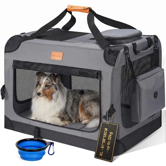 Morpilot Grand Sac de Transport pour Chien et Chat – Cage de Voyage Pliable à côtés Souples pour Chien de 32 kg Maximum avec gamelle Pliable, bandoulière et Poches de Rangement, Gris,XL