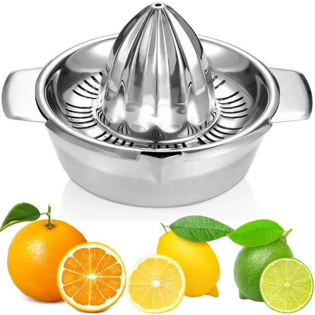 Presse-agrumes Manuel en Acier Inoxydable 18/8, Robuste Presse-Citron Presse pour Orange Pamplemousse avec Récipient 350ML, Extracteur de Jus avec Tamis et 2 Becs Verseurs, Passe au Lave-Vaisselle