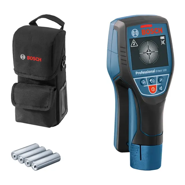Bosch Professional Scanner Mural D-tect 120 (tuyaux en Plastique/Montants en Bois/Fils électriques sous Tension/métaux ferreux/métaux Non ferreux : 60/38/60/120/120 mm; Housse de Protection)