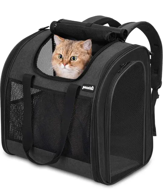 Pecute Sac à Dos Chat Chien Extra Large, Sac Transport pour Chat Petit Chien Respirant, Sac a Dos de Transport Chat avec Matelas en Amovible,Noir