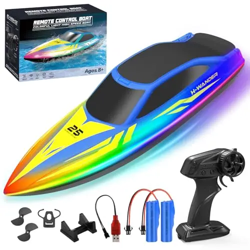 WUQNGI Bateau Télécommandé Enfant et Adulte, RC Bateau 2,4 GHz avec Lumières LED, 2 Piles Rechargeables Bateau Radiocommandé Électrique, Jouet Aquatique pour Piscines et Lacs, Cadeau Garçon Fille