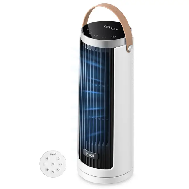 Levoit Windi Mini Ventilateur Colonne 20 dB Ultra Silencieux, Ventilateur de Table Moteur DC, Puissance jusqu'à 7 m/s, 4 Vitesses, Oscillation 90°, Minuterie 12H, Télécommande