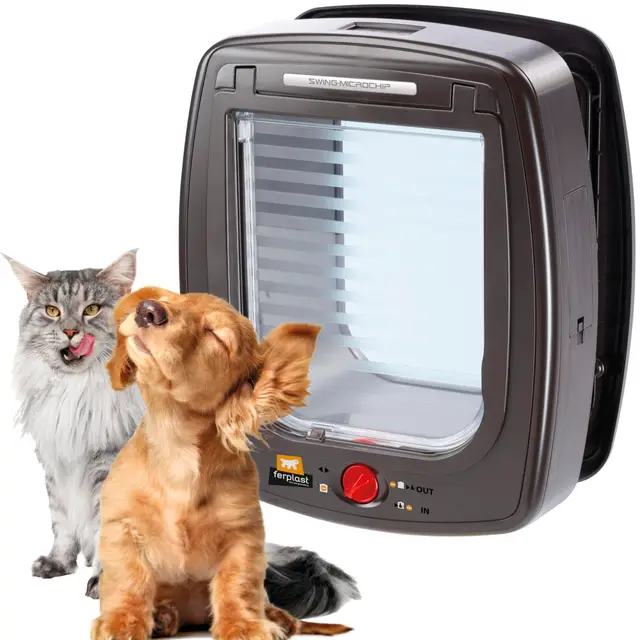 Ferplast Chatière puces électronique, Porte Petits Chiens et Chats, Entrée et Sortie 4 Voies, Proctection contre les Courants d'air, Collier avec puce inclus, SWING MICROCHIP Large, Marron