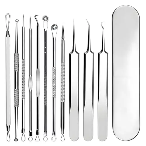 11 Pièces Extracteur Point Noir,Tire Comédons Pince Professionnels en Acier Inoxydable,pour Retire Comédons, Boutons et Pustules,Avec Étui en Métal(Argent)