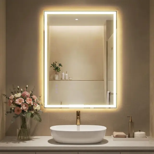 SONGMICS Miroir de Salle de Bain avec Éclairage, Miroir Mural Rectangulaire, Anti-buée, Température et Luminosité Réglables, pour Coiffeuse, Chambre, 80,7 x 60,7 cm, Blanc Nuage LWM210WC02