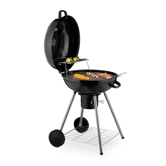 Relaxdays Barbecue Rond, Ø 53 cm, 2 grilles, thermomètre, cendrier, Gril à Charbon Mobile, BBQ sur Roues, Smoker, Noir