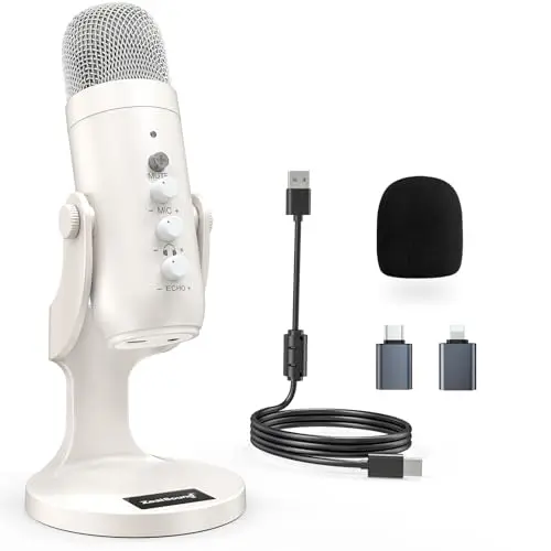 zealsound Microphone USB Podcast : réduction de Bruit, sourdine, écho, Gain. Compatible PC, Mac, iPhone, Android, PS4/PS5. Idéal Streaming, Jeu, ASMR, Chant, Youtubers, Twitch. Micro K66 Blanc nacré