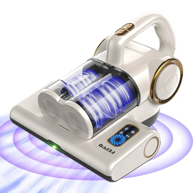FEPPO Aspirateur à matelas, aspirateur de lit 16 kpa avec lumière UV-C 253,7 nm, chaleur 60 °C, filtre HEPA et ultrasons, aspirateur à main polyvalent pour lit, canapé, berceau (filaire, 500 W)