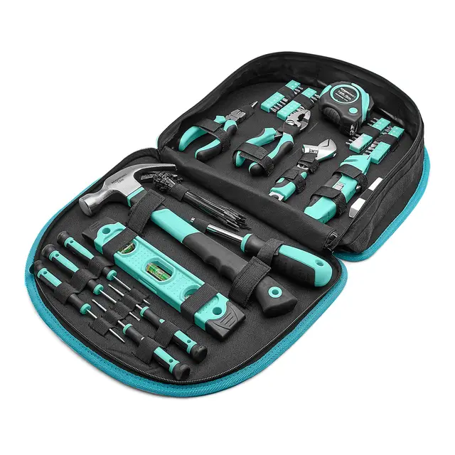 Amazon Basics Jeu d'outils avec pochette ronde facile à transporter, 104 pièces (turquoise, 36,6 x 29 x 7,6 cm)