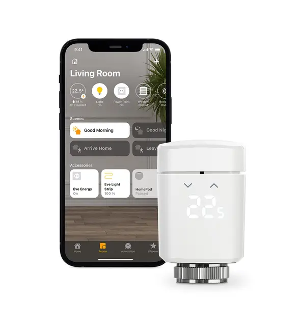 EVE Thermo (Apple Home) - Vanne de radiateur Intelligente avec afficheur LED, contrôle Automatique de la température, sans passerelle, Commandes tactiles intégrées, Bluetooth, Thread