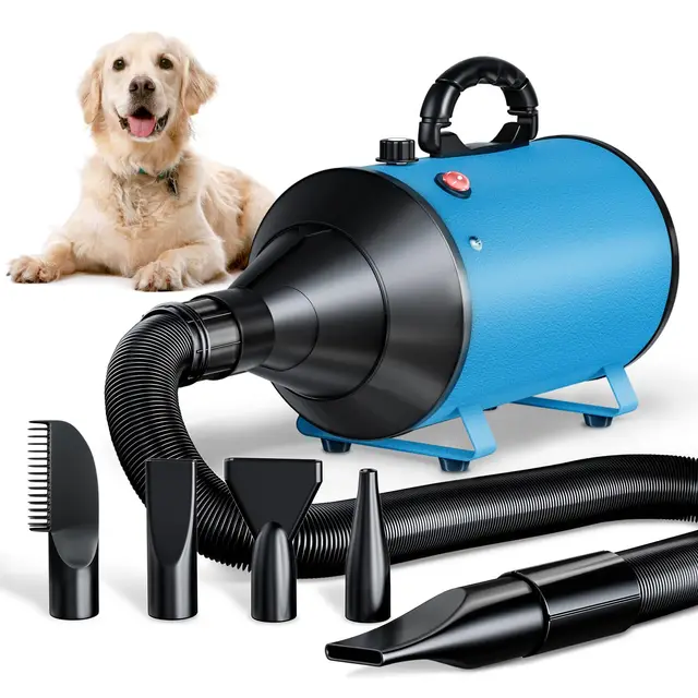 Pulseur pour Chien Blower Professionnel Souffleur Chien Silencieux 3000W réglable - Souffleur de Soins avec 4 Buses différentes et Tuyau élastique,Bleu ciel