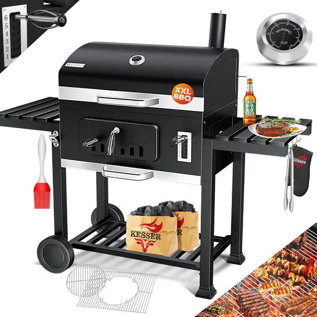 KESSER® Chariot à Barbecue | Grill XXL à Charbon de Bois avec Couvercle, Roues, poignée en Acier Inoxydable, Grille et thermomètre | Grand Barbecue au Charbon de Bois