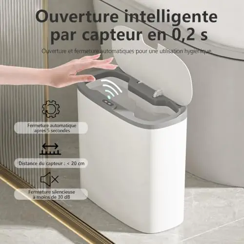 Poubelle Automatique 12L avec Capteur et Fixation Murale – Poubelle Électrique avec Couvercle, Anti-Odeurs et Étanche, pour Cuisine Salle de Bain WC – Blanc, Silencieuse et Gain de Place