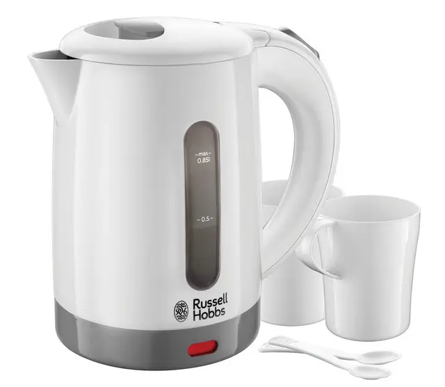 Russell Hobbs Bouilloire Electrique [Petite & Légère] Travel (Idéale Pour Voyage, 850 Ml, 1000W, 2 Tasses + Cuilères Incluses, Voltage Universel,Niveau D'eau Visible, Filtre Anticalcaire) 23840-70
