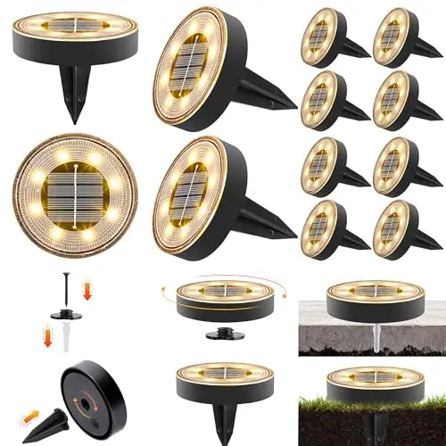 iBaycon Éclairage Solaire Extérieur Pour Jardin, Lampes Solaires Au Sol Blanc Chaud, Lot de 12 Lampes Étanches à 8 Led pour l'Éclairage des Allées, Des Cours, des Terrasses Et Des Pelouses
