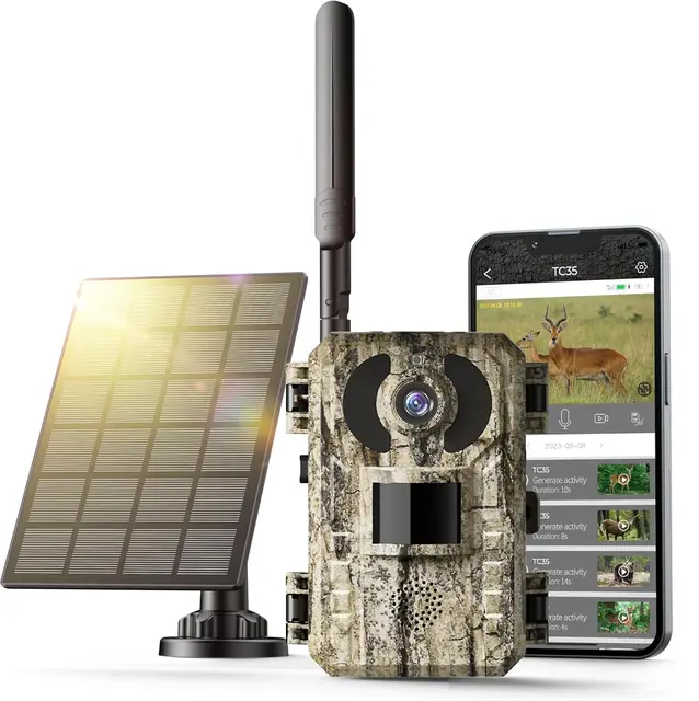 Caméra de chasse 4G LTE solaire avec carte SIM, phototrapage 4K sans WiFi, batterie 10 400 mAh, vision nocturne 950 nm IR invisible, audio bidirectionnel, activation 0,2 s, IP66 étanche