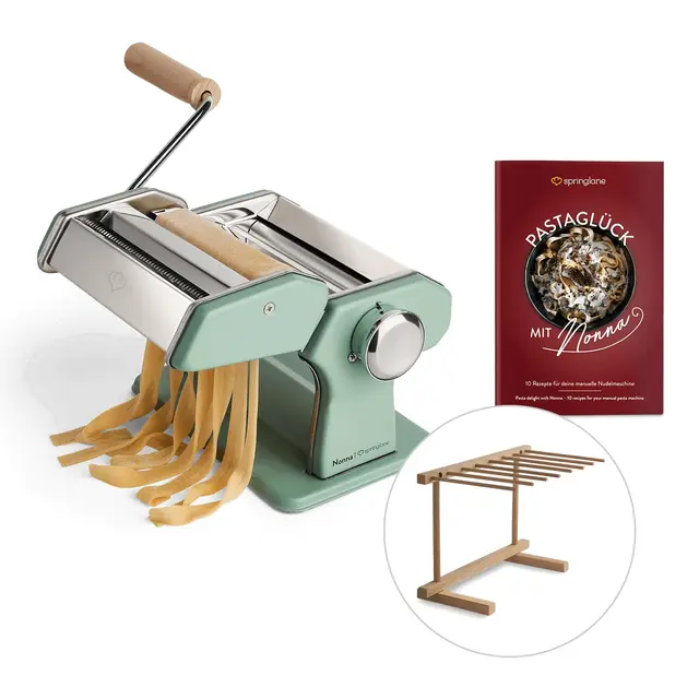 SPRINGLANE Machine à pâtes manuelle Nonna, en acier inoxydable, machine à pâtes comprenant un livret de recettes, un séchoir à pâtes (Menthe)