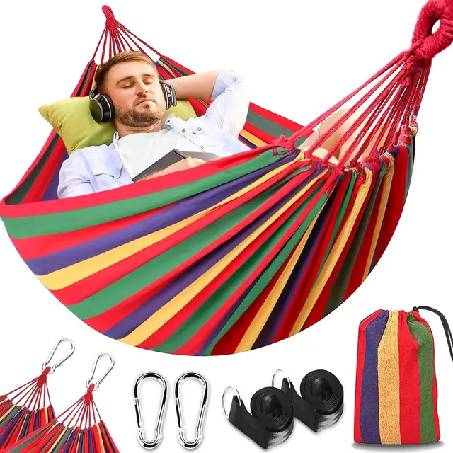 Hamac de Camping Extérieur, Hamac Double 300x150cm, Capacité de Charge 270kg, avec Sac de Transport, Sangles en Nylon et Mousquetons