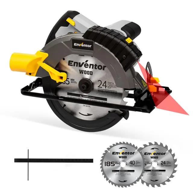ENVENTOR 1650W Scie Circulaire, 5500RPM Scies Circulaires Électriques Filaire, Moteur Puissant, coupe 62 mm (90 °), 46 mm (45 °), (Diamètre de Lame de Scie : 185 mm), pour Bois, PVC
