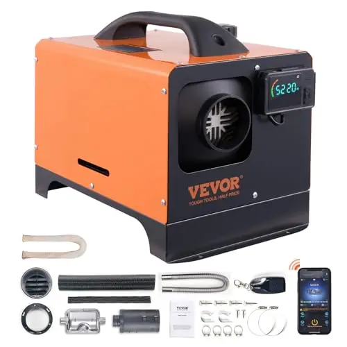 VEVOR Chauffage Diesel Tout-en-Un Portable 12 V 5-8 KW Réchauffeur d'air Diesel 0,16-0,62 L/h 8-36 ℃ Réglable 20-25 m² Contrôle LCD Bluetooth Télécommande Réservoir 5 L pour RV Auto sans Installation