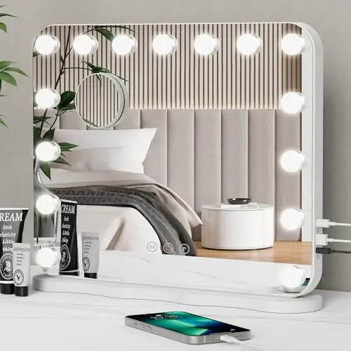 Miroir Hollywood LED – Miroir de Maquillage avec 14 Ampoules Dimmables, 3 Modes d’Éclairage, Commande Tactile, Sortie USB/Type-C, Table ou Murale