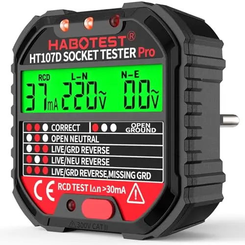 YOJOCK Testeur de Prise, Testeur de Circuit Electrique Courant Automatique Détecteur de Tension de Polarité 90-250V, Détectez 6 Conditions de Câblage/Test RCD/Affichage de Tension, CAT.II 300V