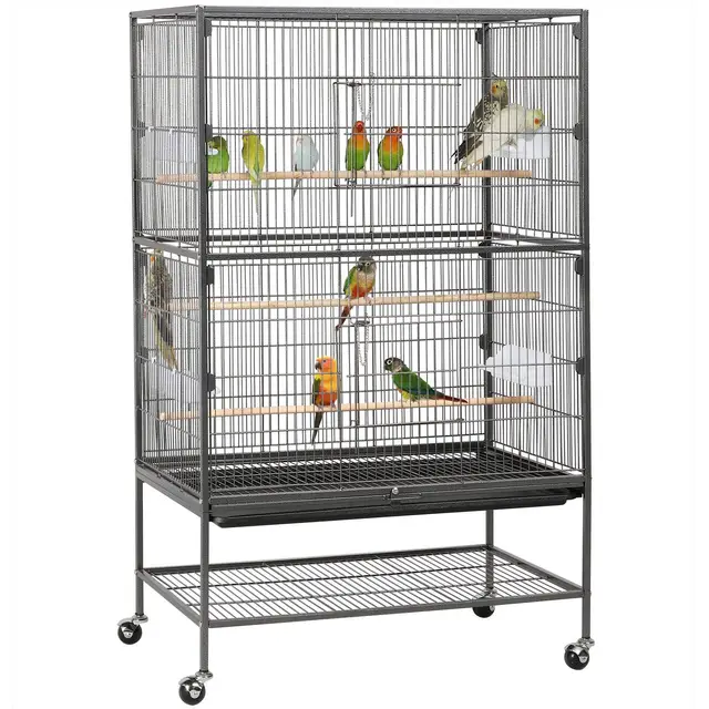 Yaheetech Grande Cage Oiseau sur Pied Volière Canaries Perroquet Grosses Perruches Cacatoès Ara Cage Oiseaux sur roulettes 2 Étages avec Support 79 x 52 x 132 cm