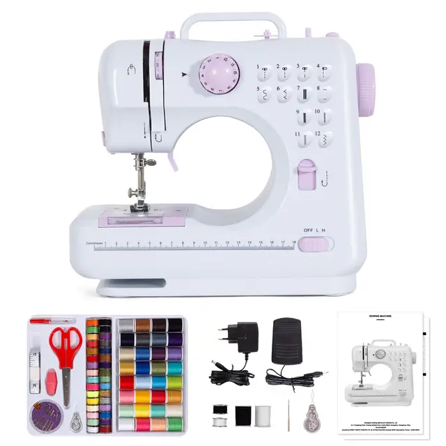Todeco Machine à coudre portable avec tiroir, Machine à Coudre Débutant avec 12 programmes de couture, avec Kit Couture et pédales, Violet