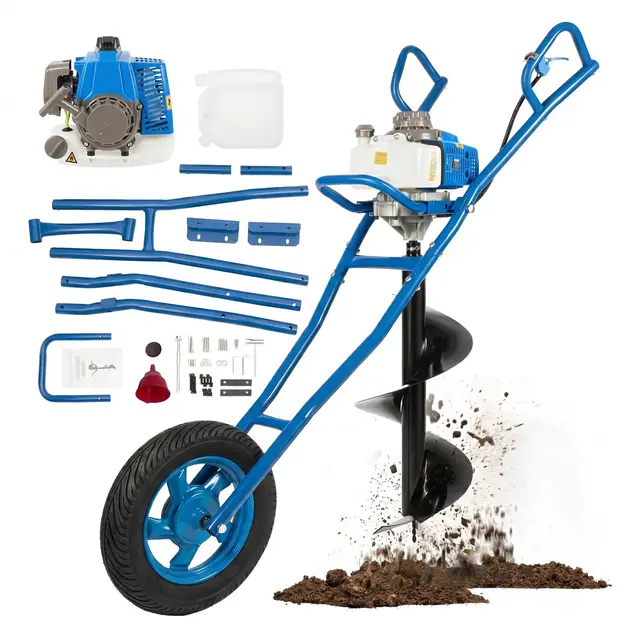 Tarière Thermique 63cc 2 Temps 2,2kW, Tarière à Essence avec Roue, Forage 300mm, Tariere Thermique pour Perceuse de Terre, Outil Creuser Trou pour Agriculture Jardin