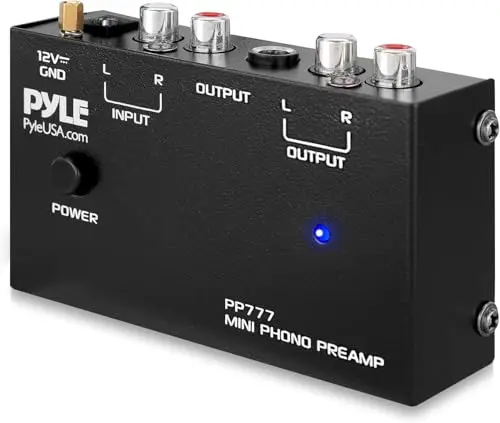 Pyle Préampli Phono pour Platine Vinyle Mini Électronique Audio Stéréo Préamplificateur pour Phonographe Entrée RCA, Sortie & Fonctionnement Ultra-Basse Bruit Alimenté par Adaptateur DC 12 Volts