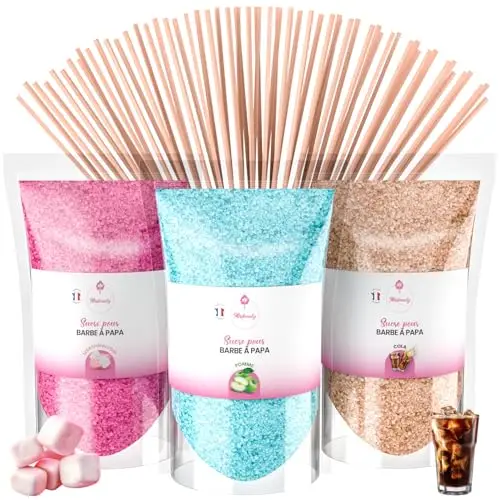 Misskandy®-Sucre Barbe à Papa pour machine - Lot de 3 * 160GR (Marshmallow/Pomme/Cola) /poudre barbapapa+ 20 Bâtonnets offerts - MADE IN FRANCE