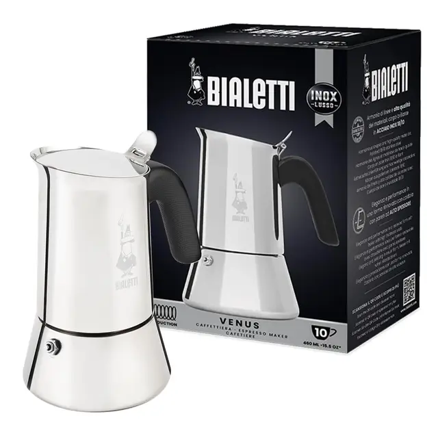 Bialetti - New Venus Induction, Cafetière Expresso en Inox, Adaptée à Tous Les Types de Plaques de Cuisson, 10 Tasses (460 Ml), Aluminium, Argenté