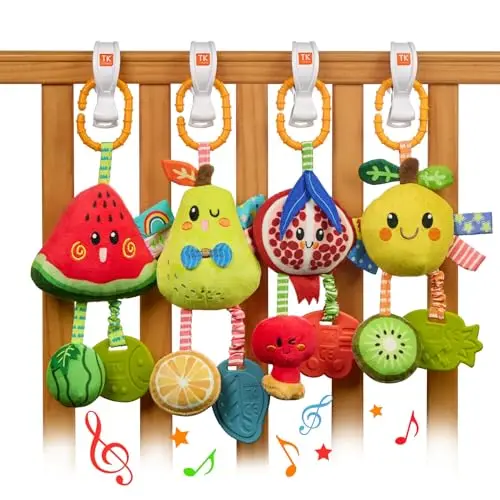 TUMAMA Hochet à suspendre pour landau de bébé de 0 à 3 à 6 à 9 mois, jouets d'apprentissage sensoriel pour nouveau-né avec son couineur et anneau de dentition, hochets en peluche citron pour siège
