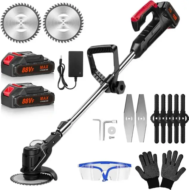 Akku-Rasentrimmer 21V mit 2 Batterie, Freischneider, Motorsense, mit Akku und Ladegerät, Teleskop-Stiel & Zusatzhandgriff