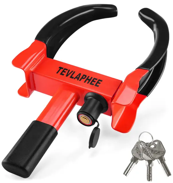 Tevlaphee Antivol Voiture Sabot Roue, Griffe de Pneu, Antivol de Voiture Bloque, Roue Sécurité Antidémarrage, Universelle, Réglable, Serrure Anti-perçage, 3 Clés(Noir & Rouge)